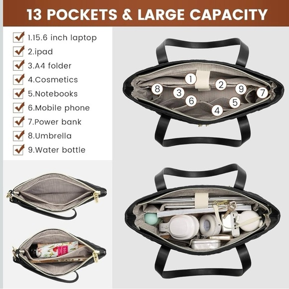 NWT LOVEVOOK Black Quilted Tote Bag with Wristlet - Picture 3 of 9